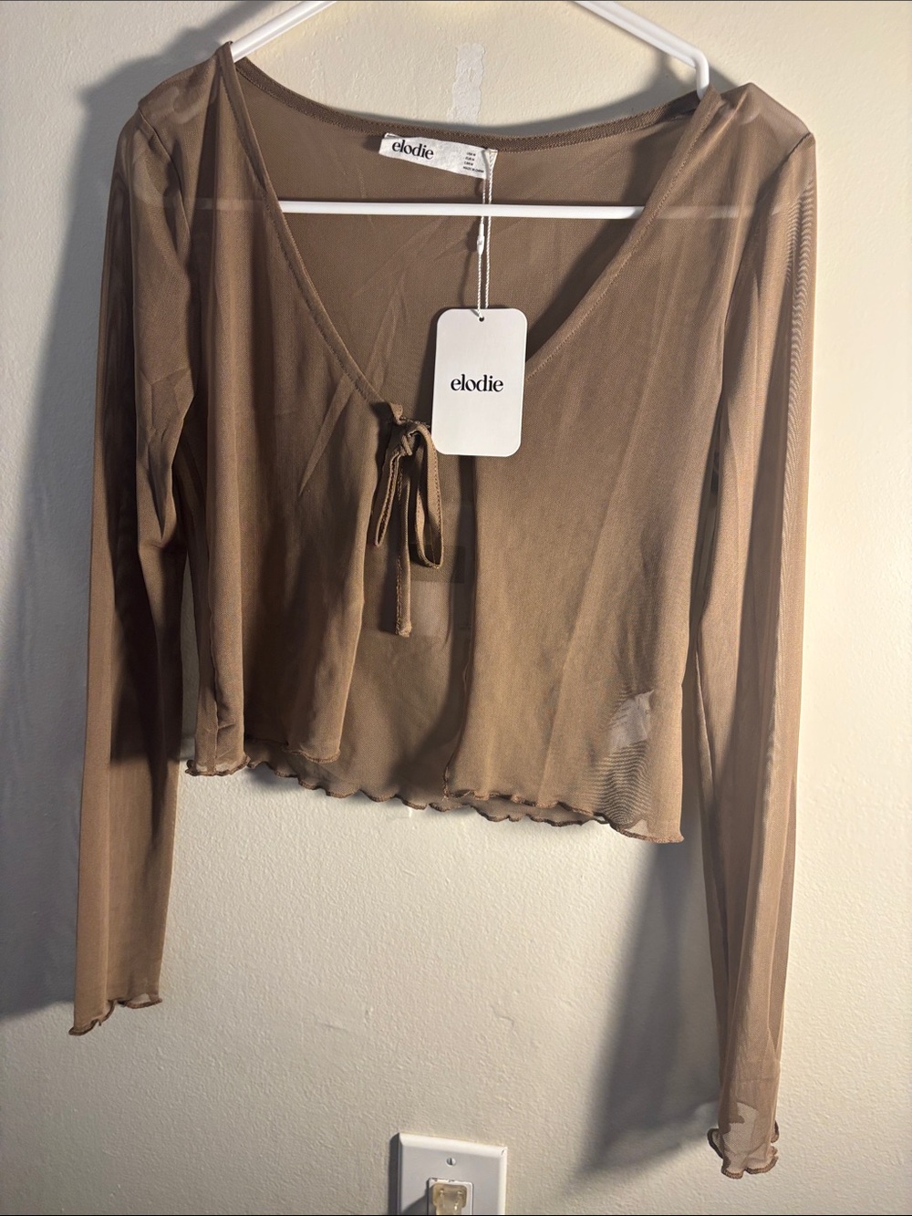 Elodie Sheer Tie-Front Long Sleeve Top - Taupe